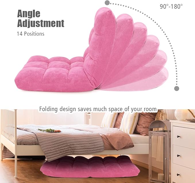 Floor Folding Sofa Chair 14-Position Adjustable Folding Couch Sleeper Bed Couch Gaming Recliner for Living Room Bed Room (Pink)
