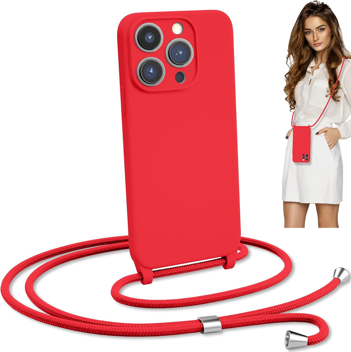 Blaspins Crossbody Lanyard Strap Case for iPhone 13 Pro, Neck Cross Body, Adjustable Holder Removable, Drop Protection Shockproof, Hands-Free Silicone Case 6.1 inch, 150 cm Strap, iP13Pro - Red