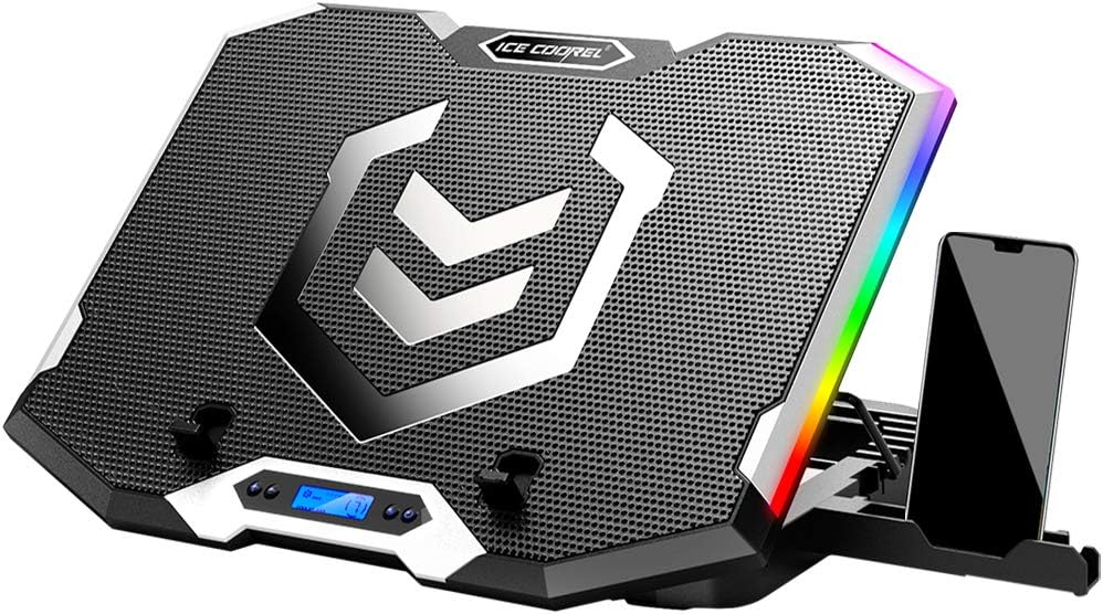 ICE COOREL Gaming Laptop Cooling Pad 15-17.3 Inch, Laptop Fan with 6 RGB Cooling Fans, Laptop Cooling Stand with 6 Height Adjustable, Laptop Cooler with LCD Screen, 2 USB Ports, Phone Stand