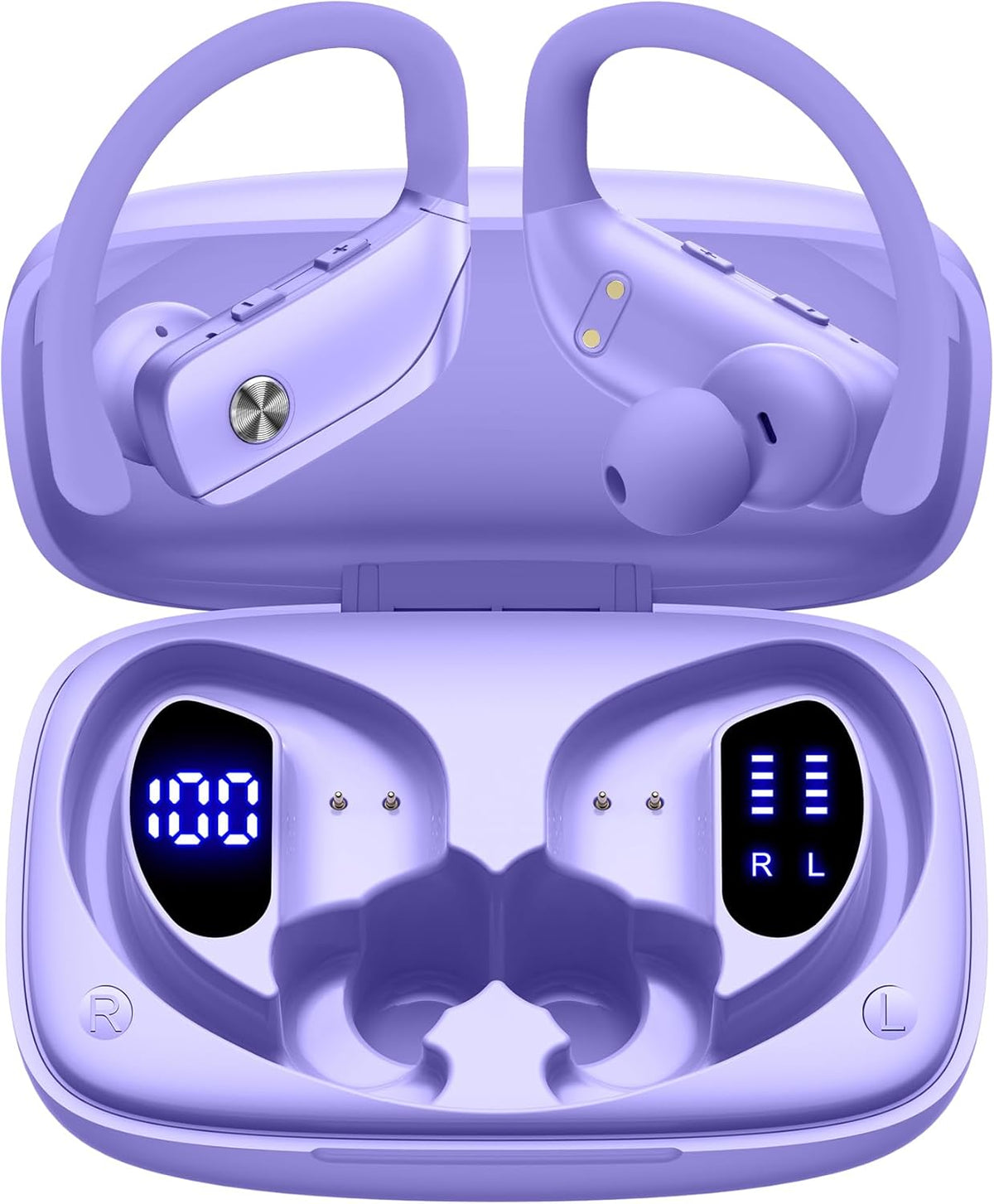 bmani Wireless Earbuds Bluetooth Headphones 48hrs Play Back Sport Earphones with LED Display Over-Ear Buds with Earhooks Built-in Mic Headset for Workout Purple