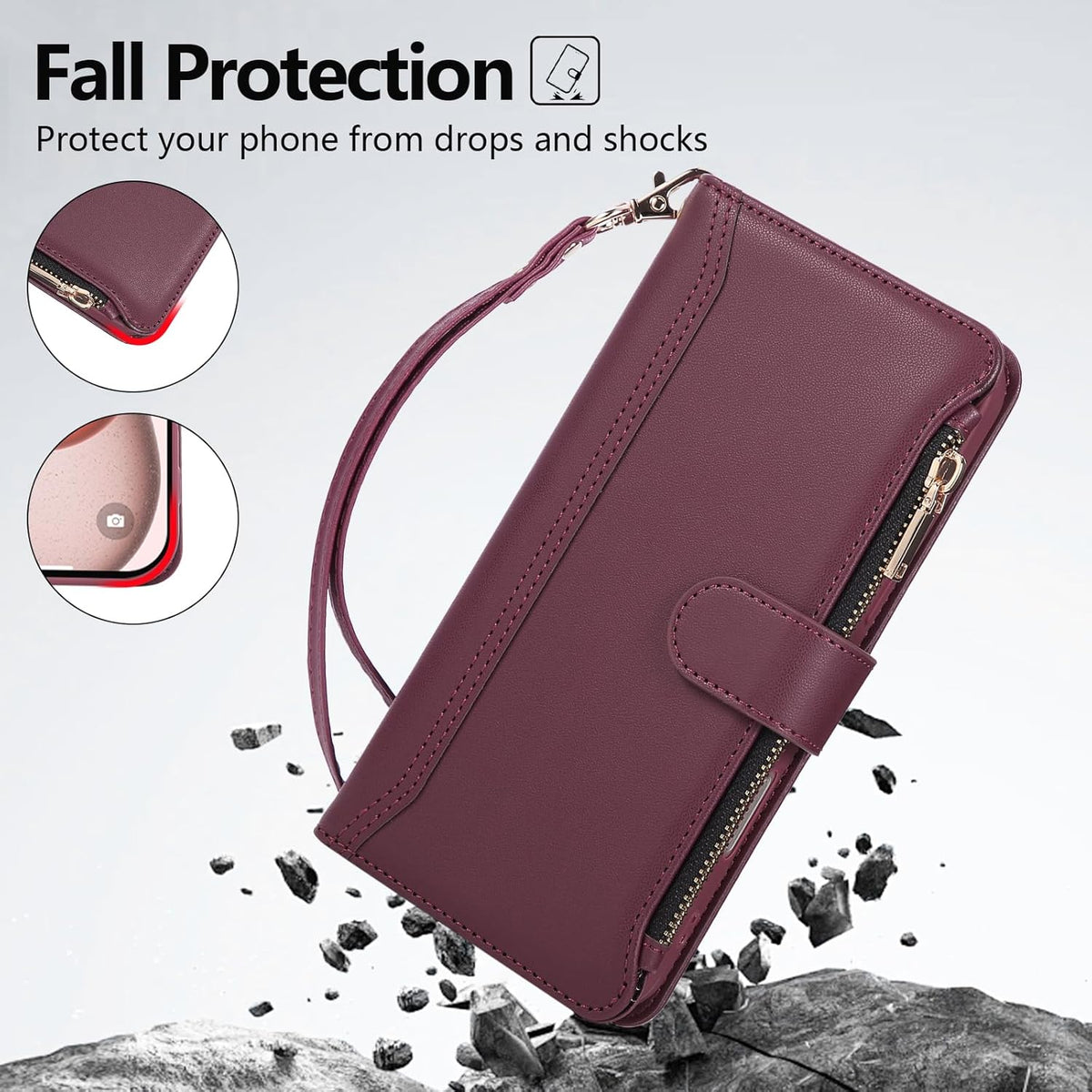 Compatible with iPhone 13 Pro Max Wallet Phone Case-PU Leather Magnetic Flip Cover with Credit Card Slots,Zipper Pocket & Detachable Wrist Strap,Shockproof Design,for Women and Men-Claret
