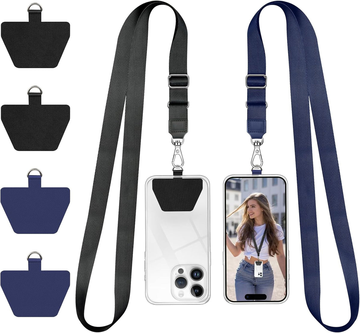 Doormoon Phone Lanyard Tether, Universal Neck Strap with Patch for Phone Case Wallet ID Badge Holder Phone Lanyard Crossbody for Most Smartphones, 2 Pack, Black Blue