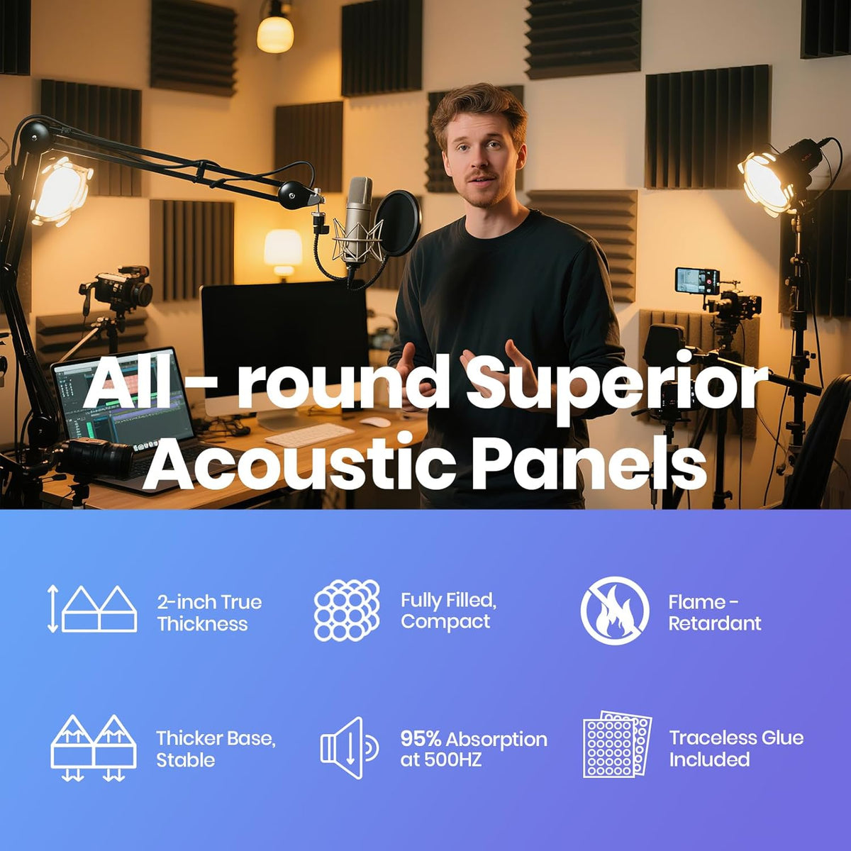 Focusound Black Grey Acoustic Panels 50 Pack 2"x12"x12" with 300 PCS Double-Side Adhesive - Sound Proof Pyramid Foam for Walls, Home Studio Noise Absorption & Echo Control Kit