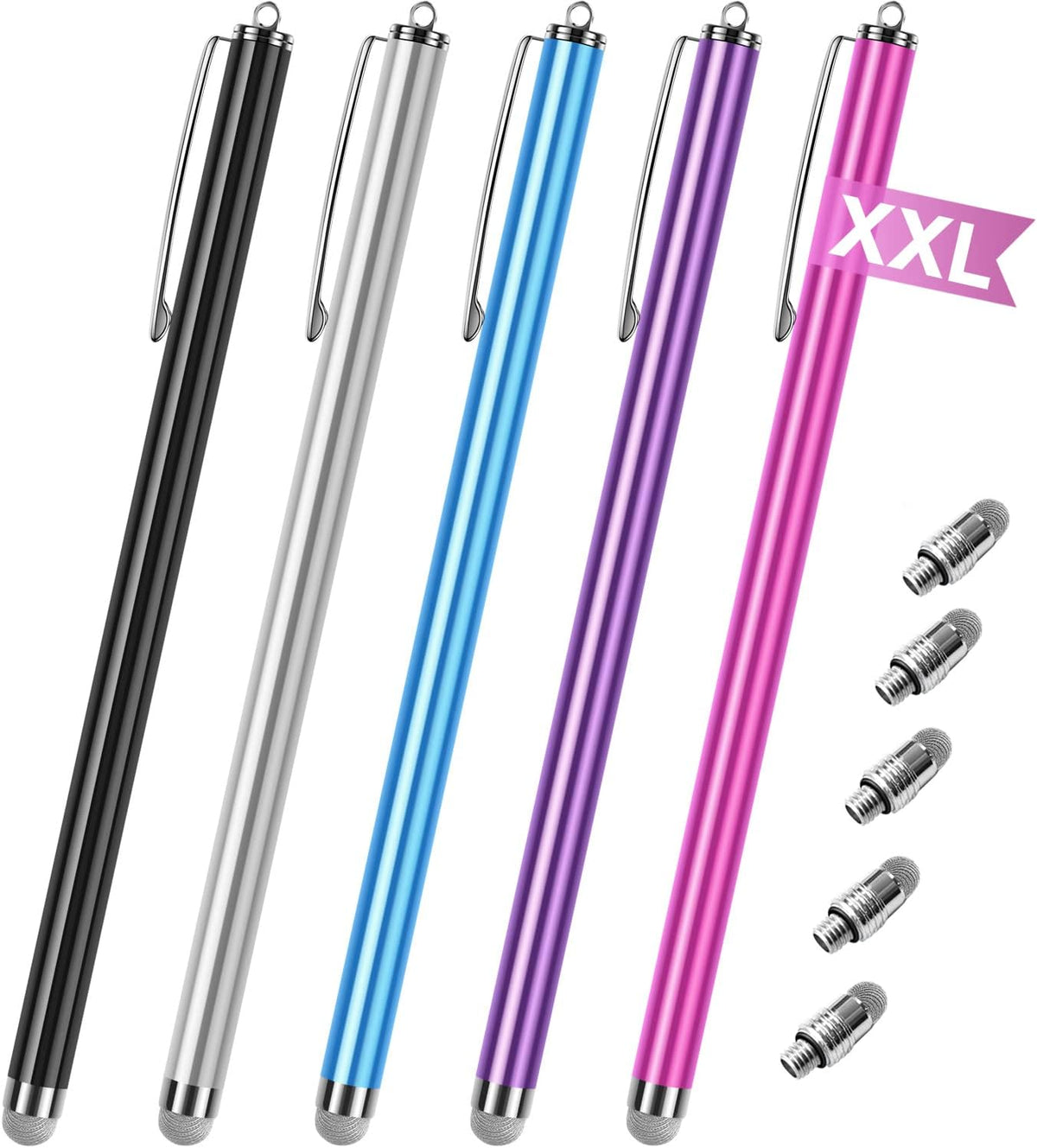 Stylus pens for Touch Screens [5 Pack Long Pen Body] Fiber mesh Tips High Sensitivity & Fine Point Capacitive Pen Compatible for ipad iPhone Android Tablet Laptop Microsoft Surface Chromebook