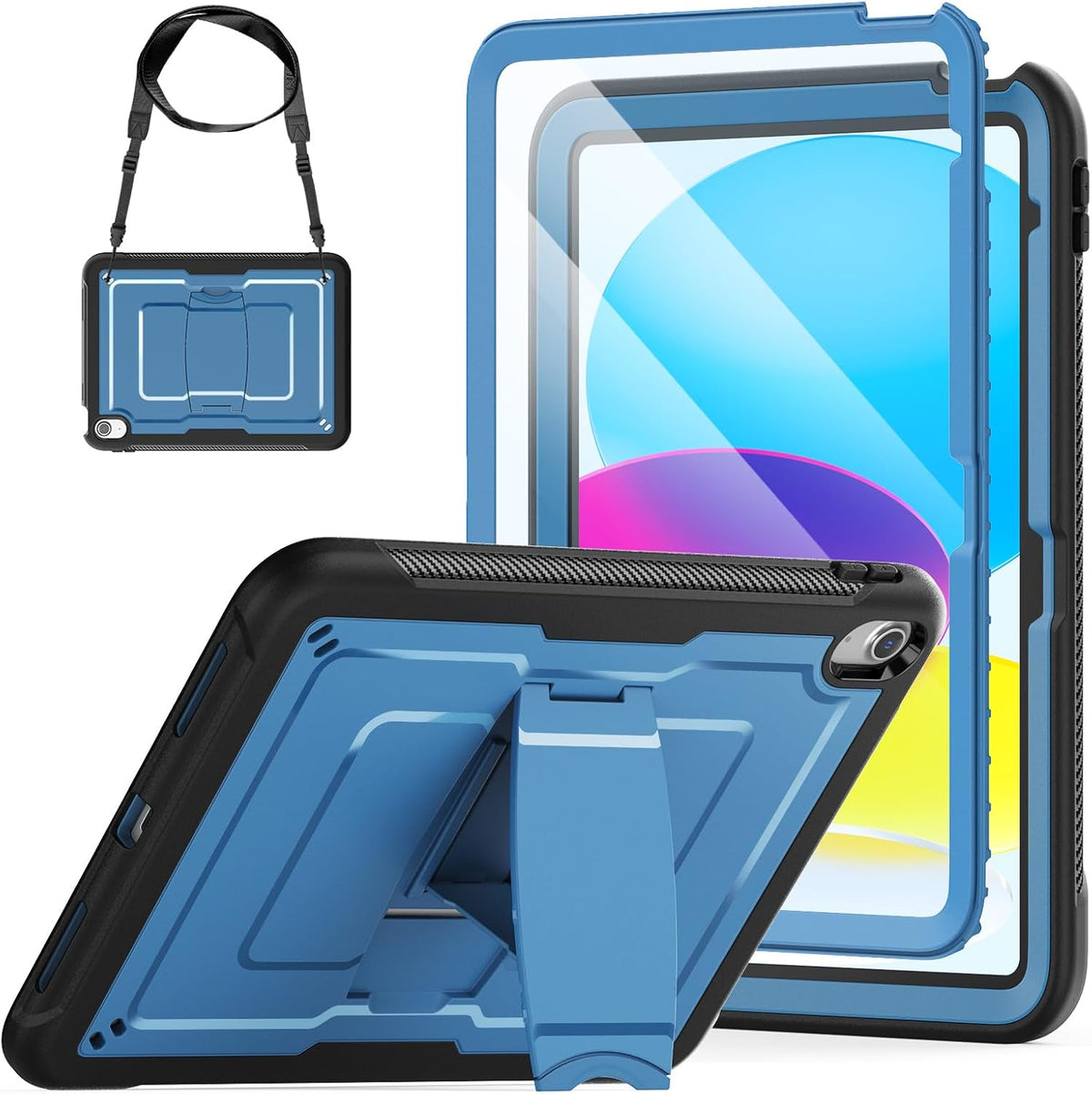 SEYMAC stock Case for iPad (A16) 11th/10th Generation 11''/10.9'' 2025/2022, with Built-in Screen Protector, Shoulder Strap, Built-in Kickstand, Rugged Full Body Shockproof Protective Case, Navy Blue