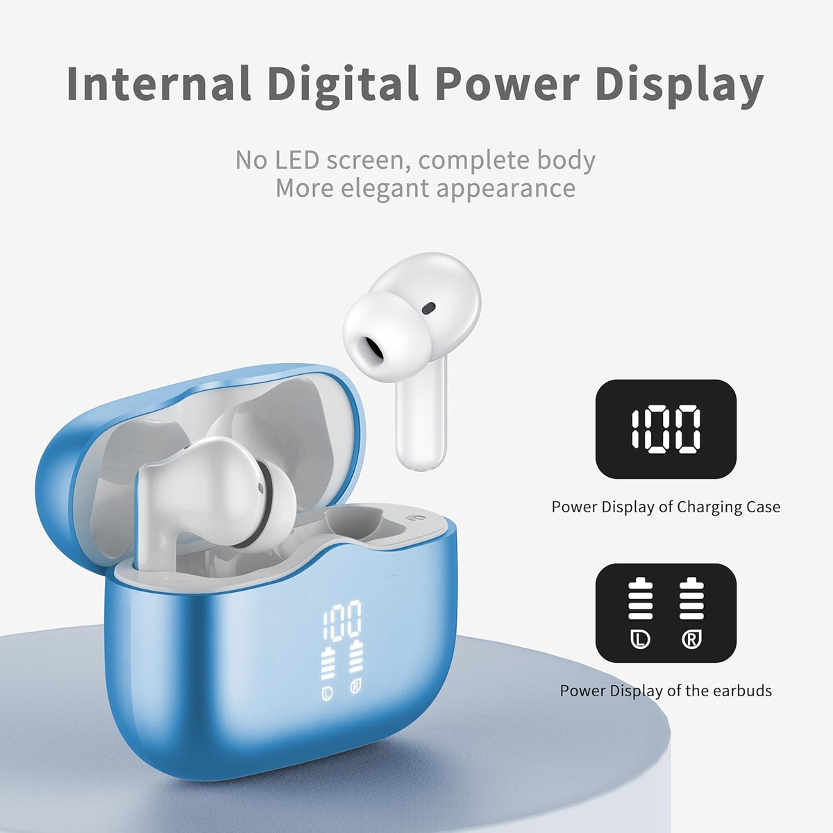 Wireless Earbuds, Bluetooth 5.4 Headphones in Ear with 4 ENC Noise Cancelling Mic, New Wireless Earphones HiFi Stereo Deep Bass 40H Playtime, In-Ear Bluetooth Earbuds LED Display IP7, USB-C, Lake Blue
