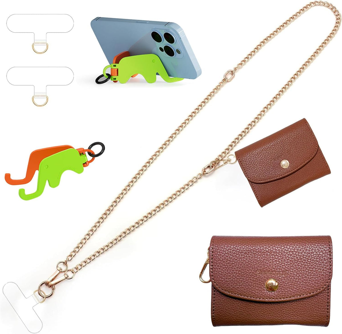 Clip and Go Strap for Phone with Wallet Metal Gold Chain Crossbody Phone Lanyard for Women Adjustable Detachable Wristlet Charm Small Purse Leather Card Holder Zipper with iPhone Stand 2 Patches Brown
