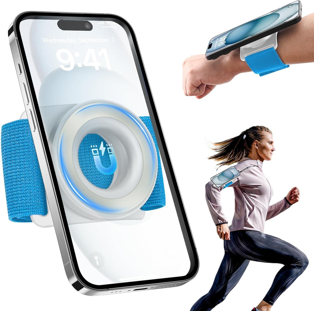 TOPGO Running Phone Holder for iPhone [360° Rotatable & Upgrade Anti-Drop] Magnetic Wrist Phone Holder, Armband Cell Phone Holder Compatible with magsafe iPhone 16 Pro Max and Android - Blue