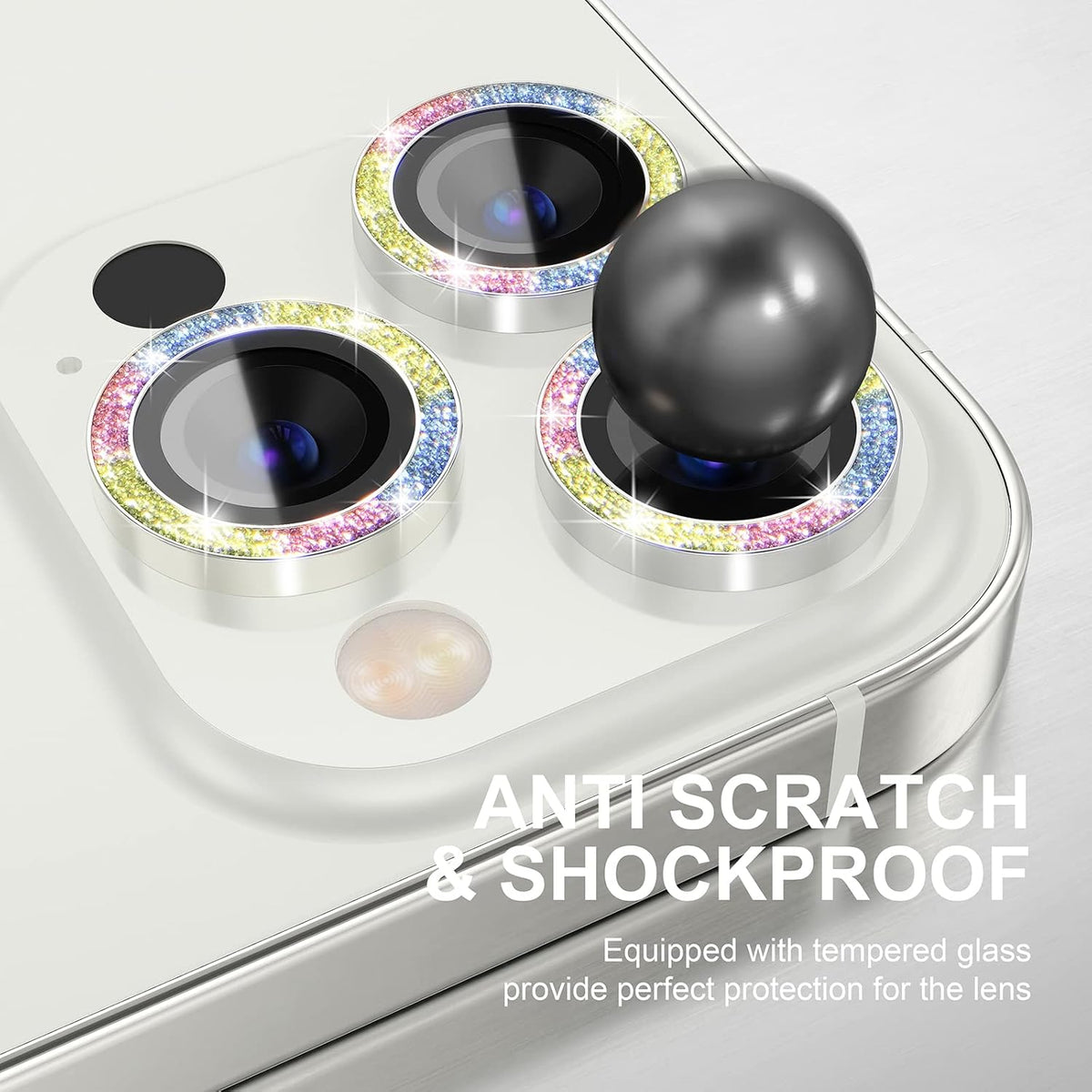 Choiche [3+1 for iPhone 13 Pro/iPhone 13 Pro Max Camera Lens Protector Bling, 9H Tempered Glass Camera Cover Screen Protector Metal Ring Decoration Accessories (Glitter-Colorful)