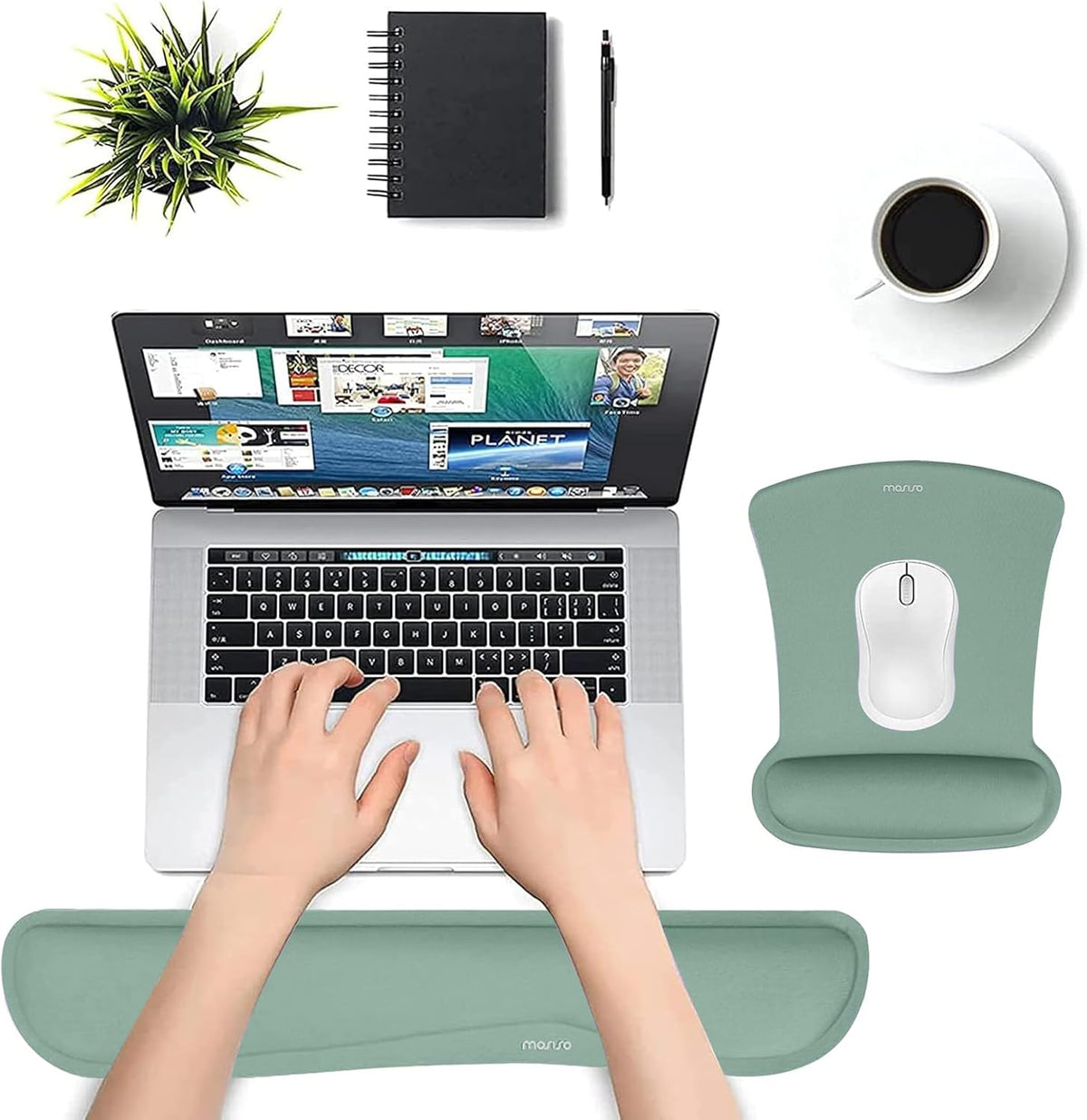 MOSISO Wrist Rest Support for Mouse Pad & Keyboard Set, Ergonomic Mousepad Non-Slip Base Home/Office Pain Relief & Easy Typing Cushion with Neoprene Cloth & Raised Memory Foam, Emerald Green