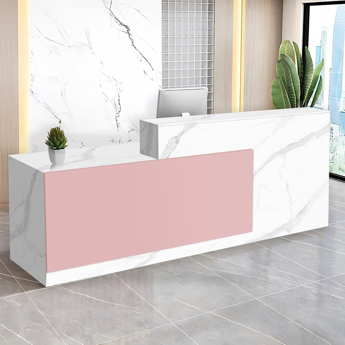 Reception Desk with Counter Modern Checkout Counter with Lockable Drawer Keyboard Tray Receptionist Desk for Office Salon Reception Table P Left 63inch/160cm