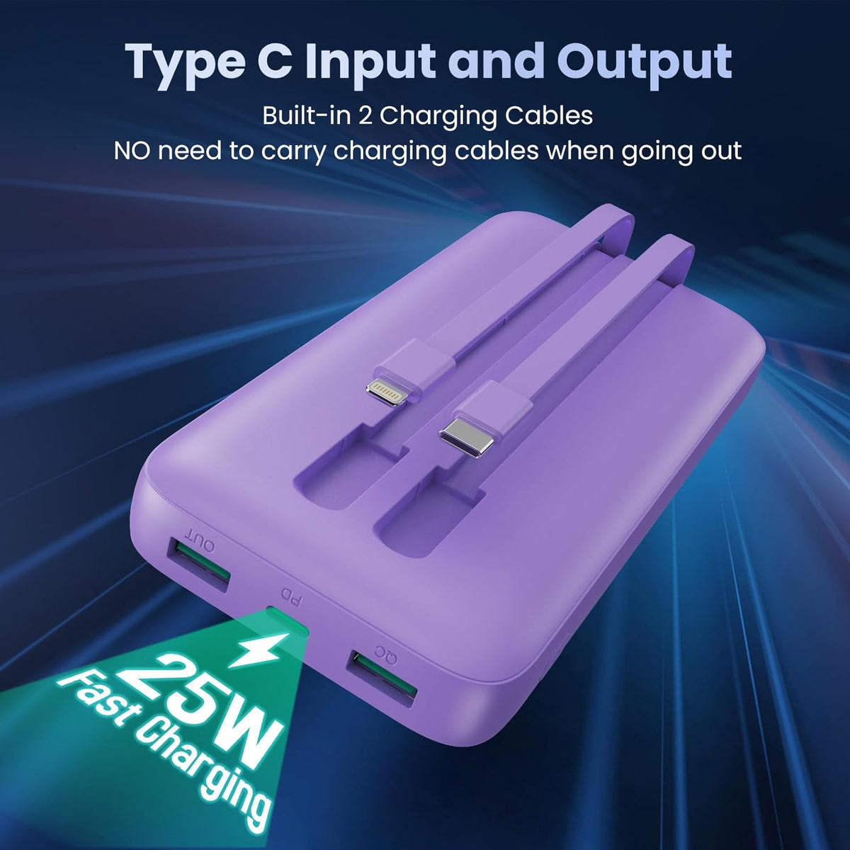 Portable Charger PowerBank 40,800mAh with 2 Built-in Cables,25W PD Fast Charging +QC 4.0 Quick Phone Charging Power Bank, 5 Outputs LCD Display USB C Battery Pack for iPhone 16/15 Android Galaxy etc