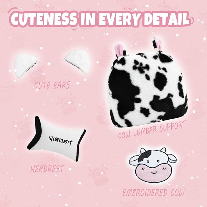 Cute Cat Gaming Chair with Paw Lumbar Cushion PC Video Gamer Chair for Girl Teen Woman (Black White)