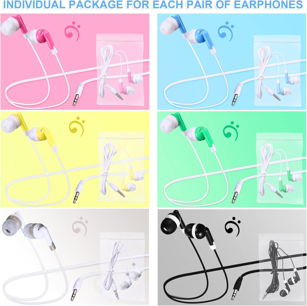 60 Pack 6 3.5mm Konohan Wired Earbuds Bulk Assorted Colors Classroom Headphones with Jack Individually Bagged in-Ear