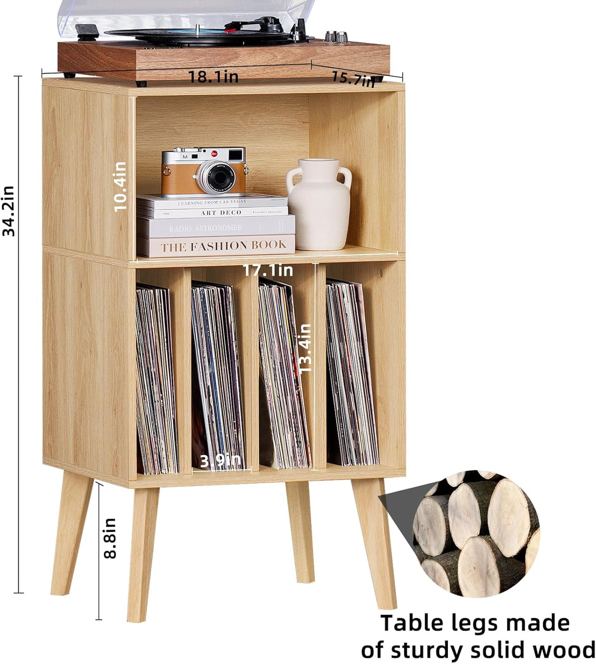 Lerliuo Record Player Stand, Burlywood Turntable Stand Holds up to 160 Albums, Mid-Century Vinyl Storage Cabinet Table with Solid Wood Legs, Record Player Holder Dispaly Shelf for Bedroom Living Room