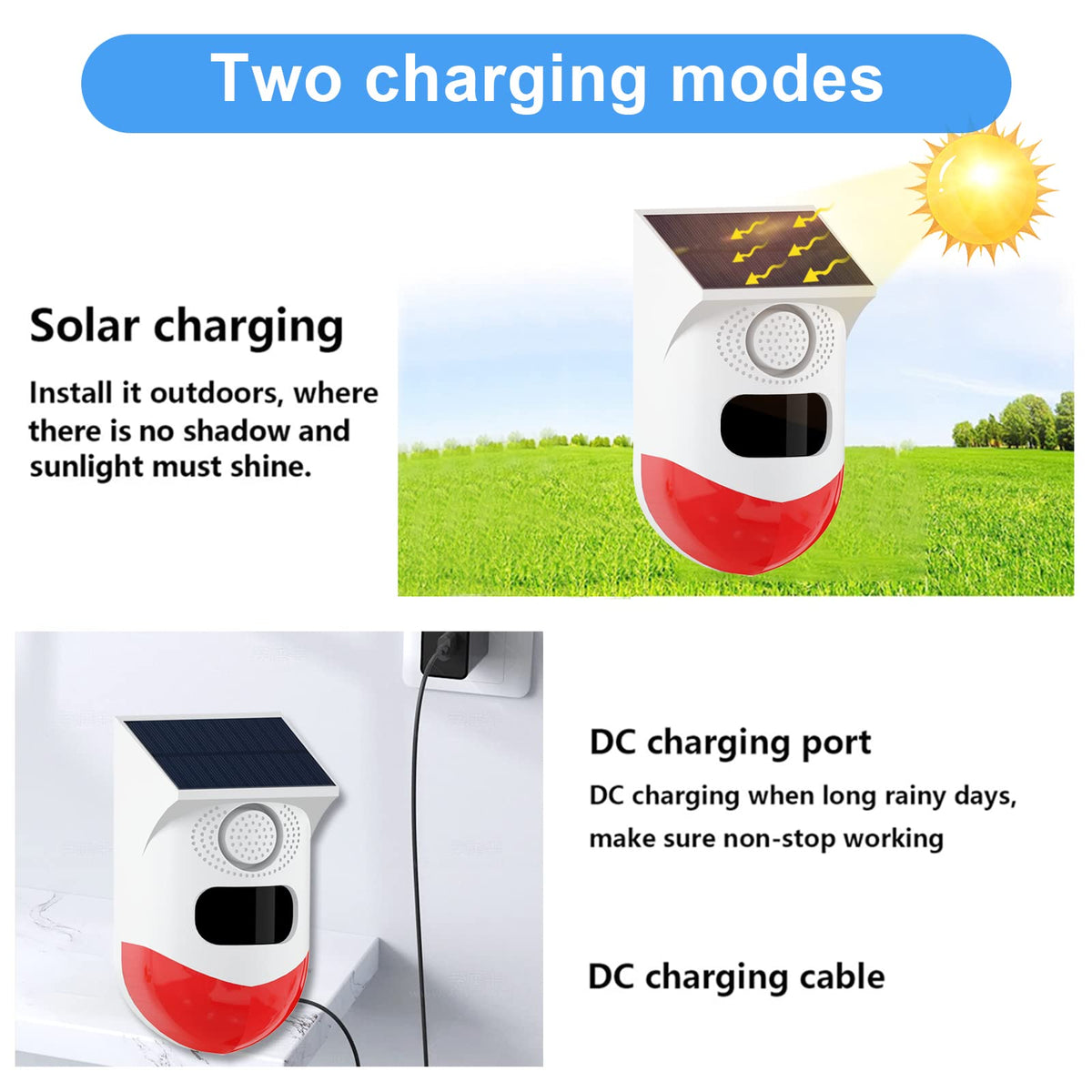 Solar Strobe Alarm Light with Motion Sensor Siren Outdoor Alarm Siren with Remote Controller 120db Sound Security Siren Light IP67 Waterproof and 4