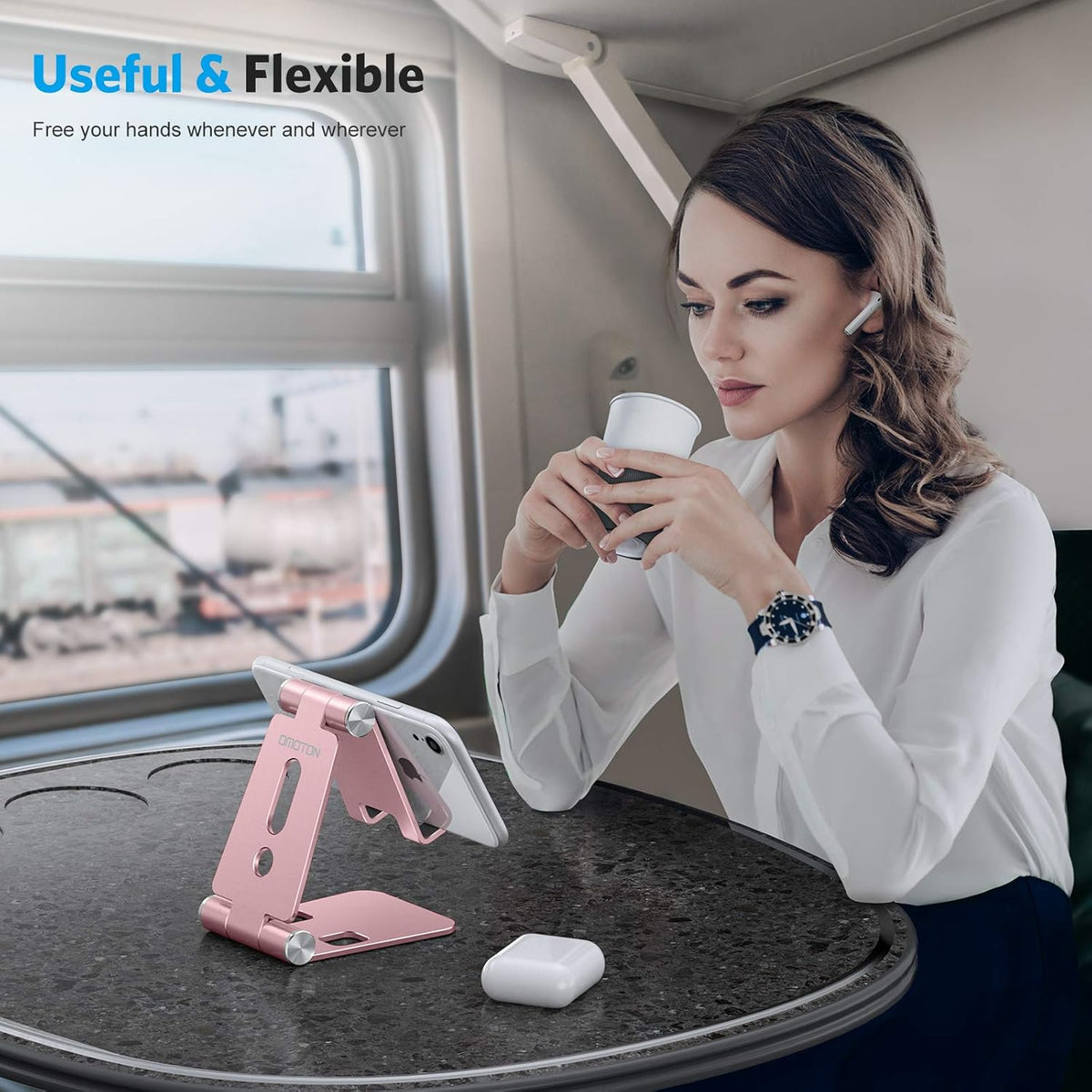 OMOTON Foldable Cell Phone Stand, C4 Portable Aluminum Phone Holder, Adjustable Phone Dock Cradle Compatible with iPhone 16/15/14/13 Pro Max, Samsung Galaxy, Small Tablets, All Smart Phones, Rose Gold