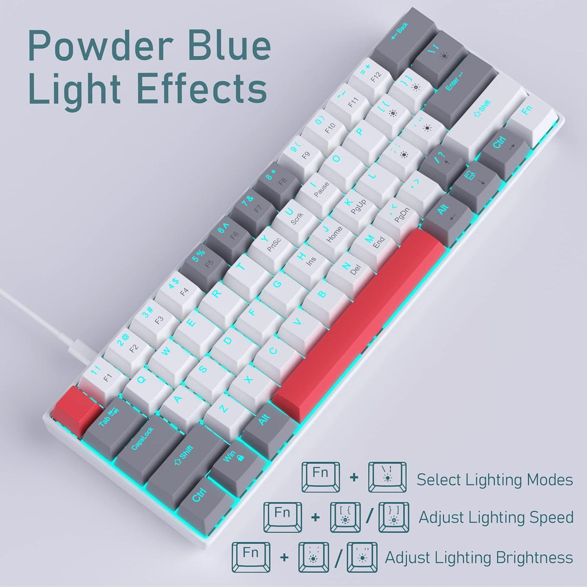 60% Mechanical Gaming Keyboard,Mixed Color Keycaps Gaming Keyboard with Red Switches, Detachable Type-C Cable Mini Keyboard with Blue LED Light for PC/Laptop