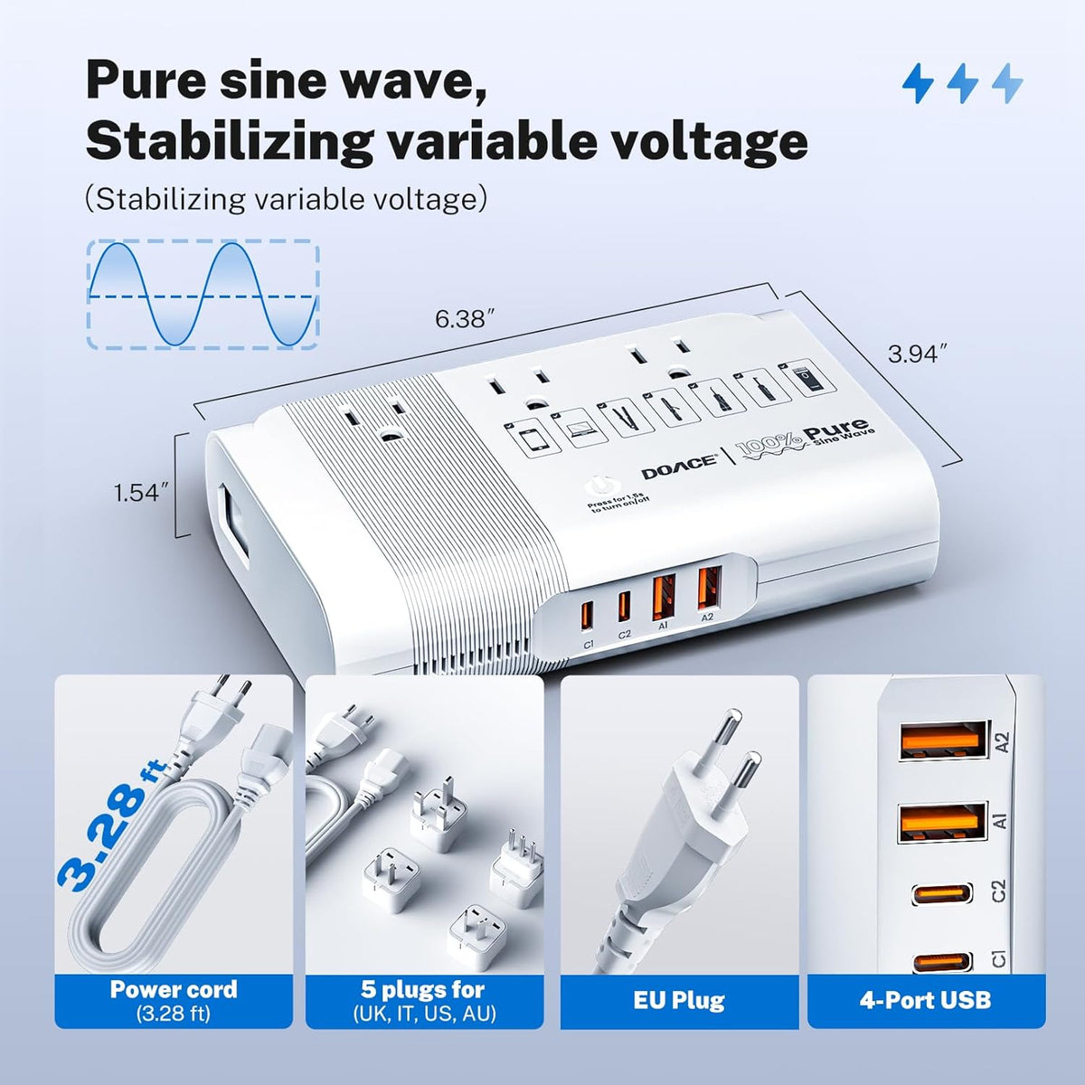 DOACE 500W Universal Travel Adapter 220V to 110V Voltage Converter, Pure Sine Wave European Travel Plug Adapter Converter, Transformer for US to Most Europe，UK/AU/EU/IT with 3 US Outlets & 4 USB
