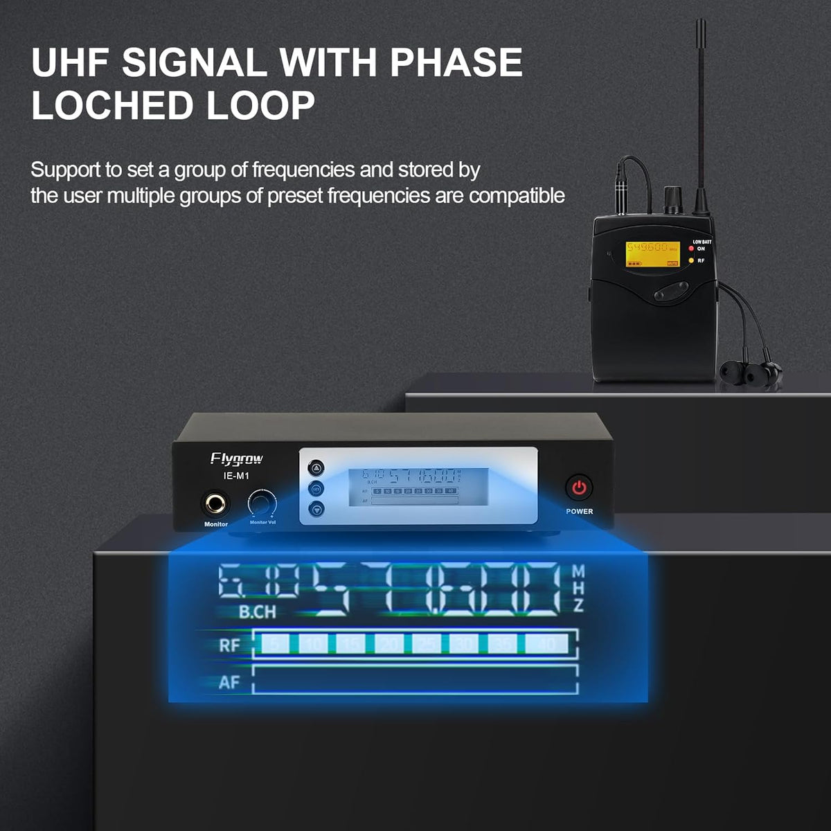 Pro UHF Wireless in Ear Monitor System, Metal IEM Dual Channel Wireless Transmitter and Bodypack Receiver, 80 Adjustable Frequencies,164ft Range, Ideal for Studio, Guitar, Band Performance