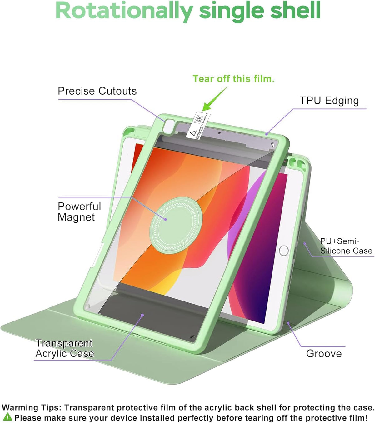 Keyboard Case for iPad 7th/8th/9th Generation 10.2'' 2019/2020/2021, 360° Rotatable Magnetic Keyboard Case with Pencil Holder Groove, 7 Color Backlit Wireless Detachable Keyboard (Green)