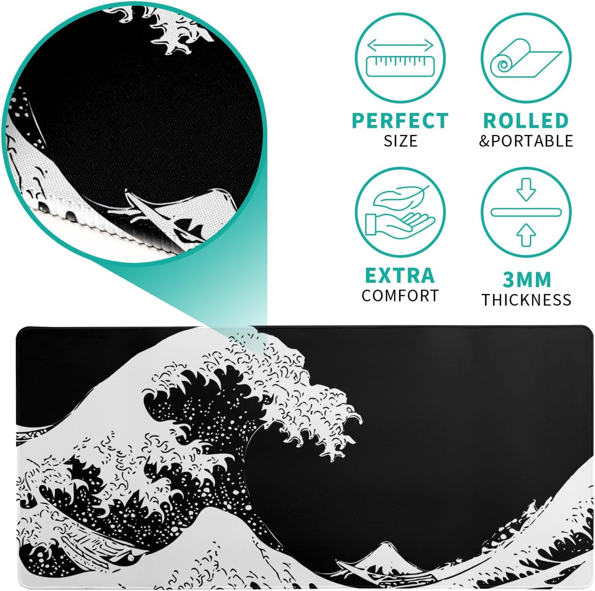 Japanese Sea Wave Large Mouse Pad, Abstract Black Gaming Mousepad, Extended Kanagawa Mat Desk Pad, 3mm Thick Long Non-Slip Rubber Base Mice Pad for Office and Home, 31.5x11.8 Inch