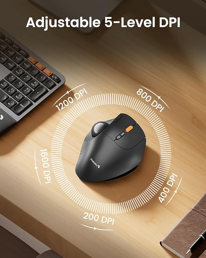 ProtoArc Wireless Bluetooth Trackball Mouse EM02 Two Adjustable Angle Ergonomic Rechargeable Computer Ball Mouse 3 Device Connection Thumb Control and Smooth Tracking for Laptop PC Mac-Gray
