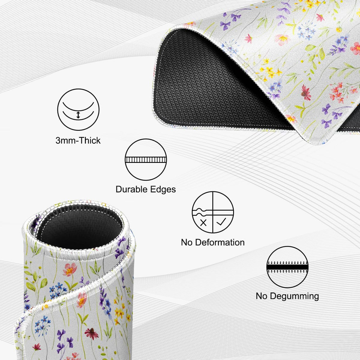 JIKIOU 3 Pack Mouse Pad with Stitched Edge, Comfortable Mouse Pads with Non-Slip Rubber Base, Washable Mousepads Bulk with Lycra Cloth, Mouse Pads for Computers Laptop Mouse 10.2x8.3in White Flowers