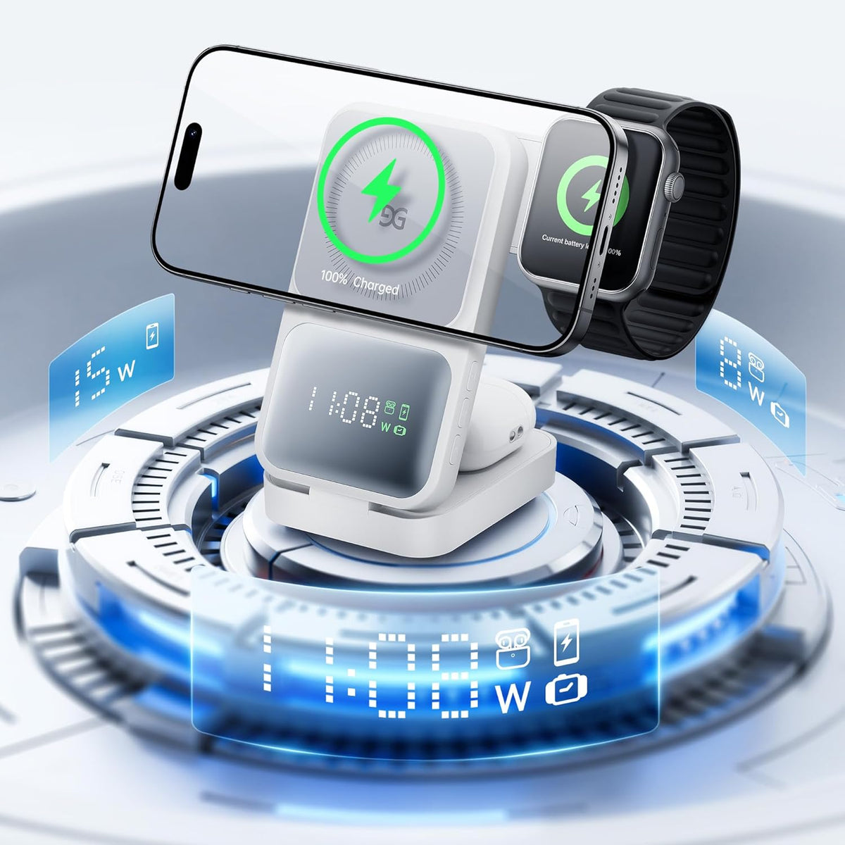GUSGU MagTime 3 in 1 Wireless Charging Station with Real-Time Power and Time Display, Foldable Wireless Charger Stand, Compatible with iPhone 16/15/14/13/12, iWatch S1-10/Ultra, AirPods-White