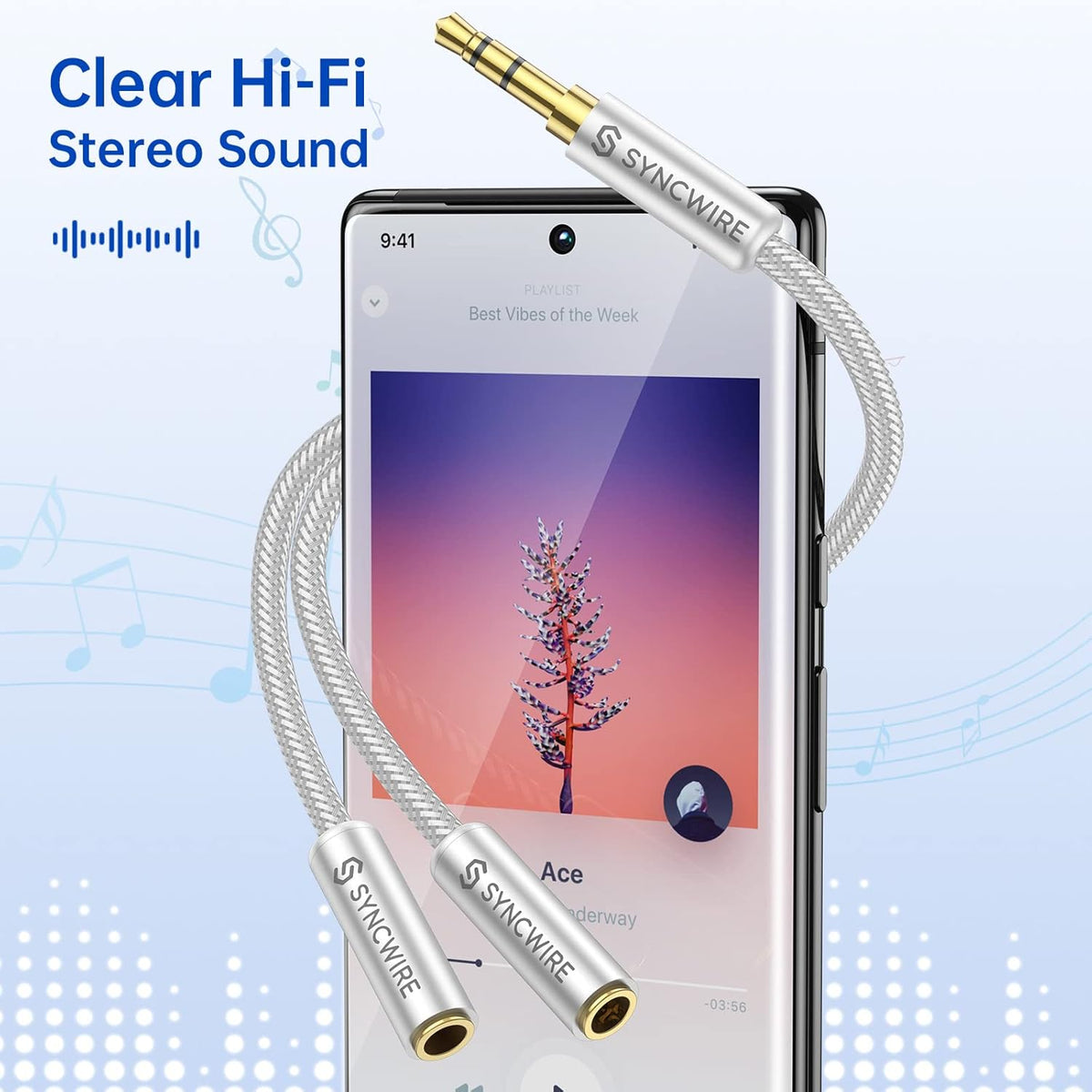 SYNCWIRE Headphone Splitter, Nylon-Braided 3.5mm Extension Cable Audio Stereo Y Splitter (Hi-Fi Sound), 3.5mm Male to 2 Ports 3.5mm Female Headset Splitter for Apple, Samsung & More (No Mic) - Silver