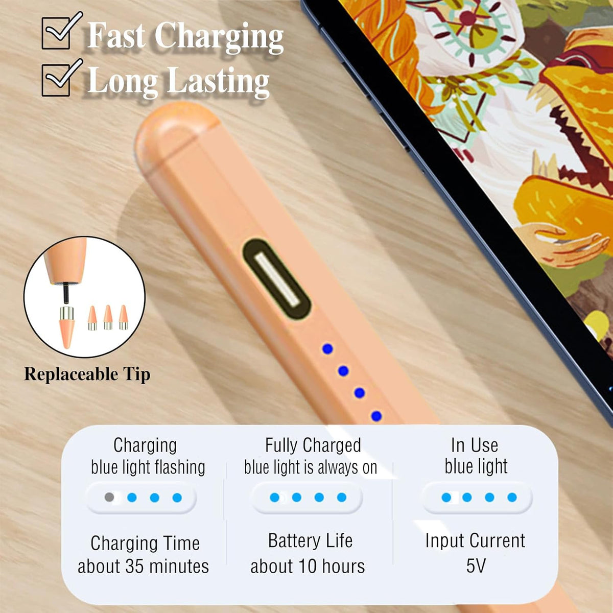Stylus Pen for Touch Screen, Rechargeable Active Magnetic iPad Pencil UniversalTablet Pencil Stylus Pen for iPad/Pro/Air/Mini/iPhone Samsung/Android and Other Smartphone Devices-Orange