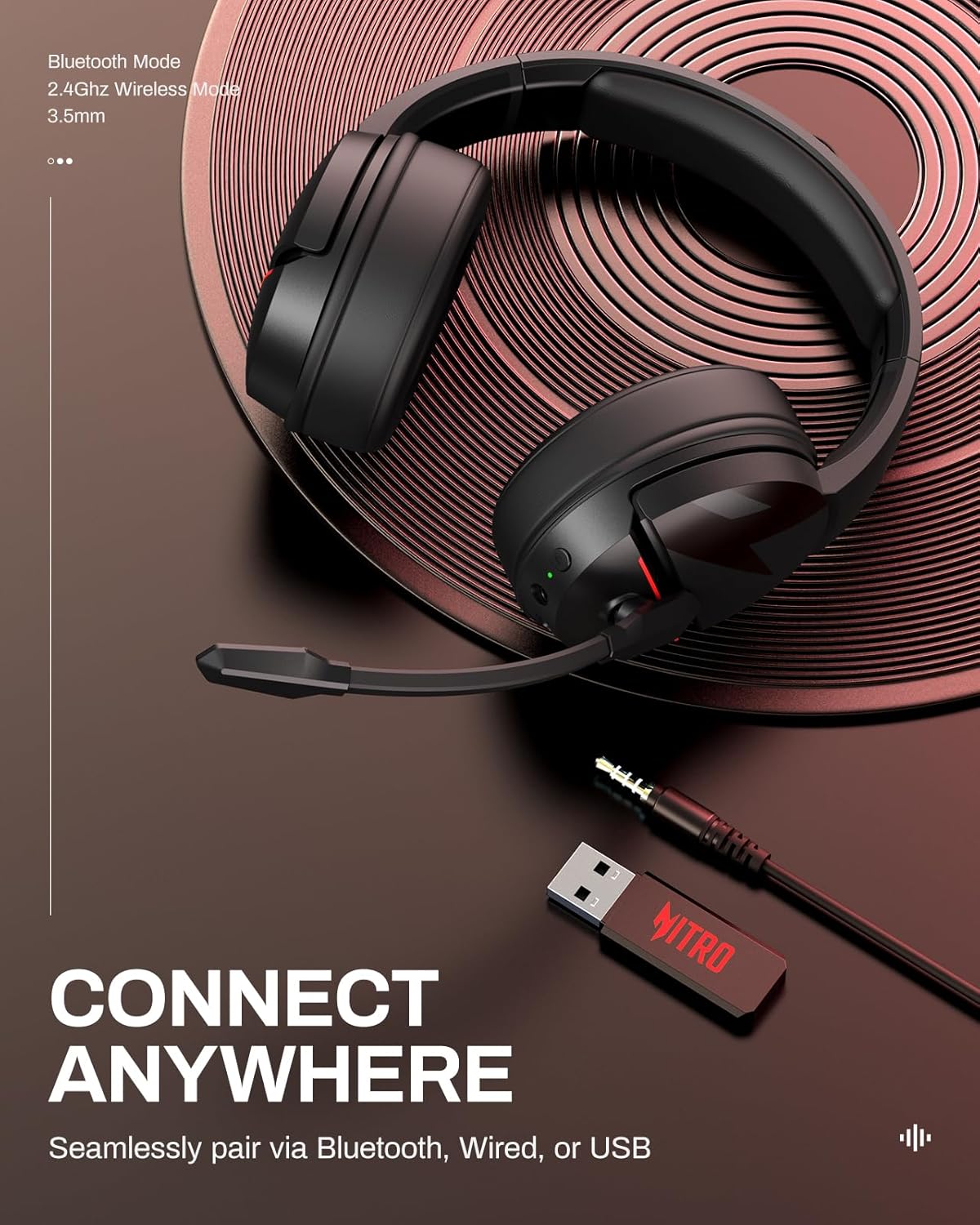 acer Wireless Gaming Headset, PS5 Headset with 2.4GHz for Ps5, Ps4, PC, Switch, Bluetooth 5.3 + 100Hrs Gaming Headphones with Noise Canceling Mic for Laptop, Mobile, Mac, 50mm Drivers (Black)