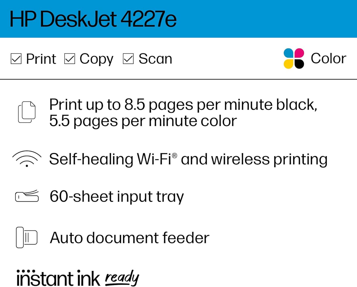 HP DeskJet 4227e Wireless All-in-One Color Inkjet Printer, Scanner, Copier, Best-for-Home, 3 Months of Instant Ink Trial Included (6W7F0A)