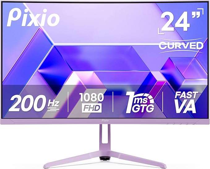 Pixio Two PXC248WAVE Purple 24 inch 200Hz Refresh Rate FHD 1080p Resolution 1500R Curve Fast VA Panel 1ms GTG Response Time HDR Curved Gaming Monitor and PS1D Wave Purple Dual Monitor Arm