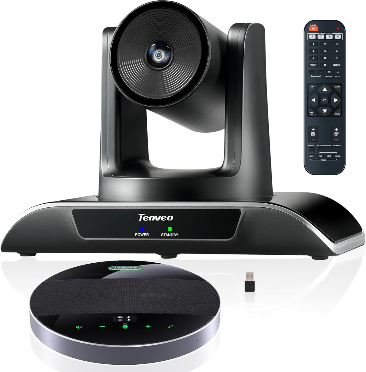 Tenveo All-in-One Conference System 3X Optical Zoom PTZ Camera and MagiCall Bluetooth Speakerphone Upgraded System Audio and Video Output USB3.0/HDMI/RS485/RS232 Works with Zoom OBS for Large Meeting