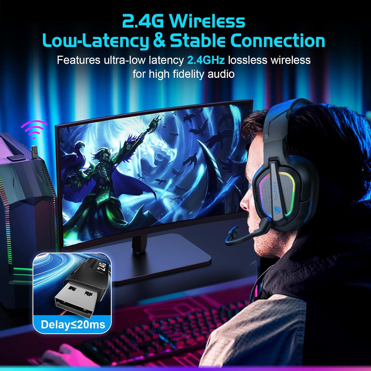 FC200 Wireless Gaming Headset for PS5, PS4-2.4GHz USB Foldable Headphones with Mic - 3D Stereo Bluetooth Headset with 50Hrs Battery Life, for Switch, PC, Mac, Mobile