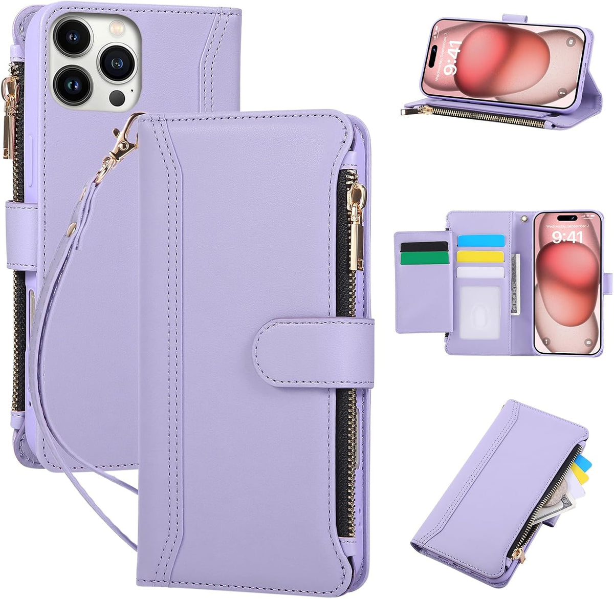 Compatible with iPhone 13 Pro Wallet Phone Case-PU Leather Magnetic Flip Cover with Credit Card Slots,Zipper Pocket & Detachable Wrist Strap,Shockproof Design,for Women and Men-Purple