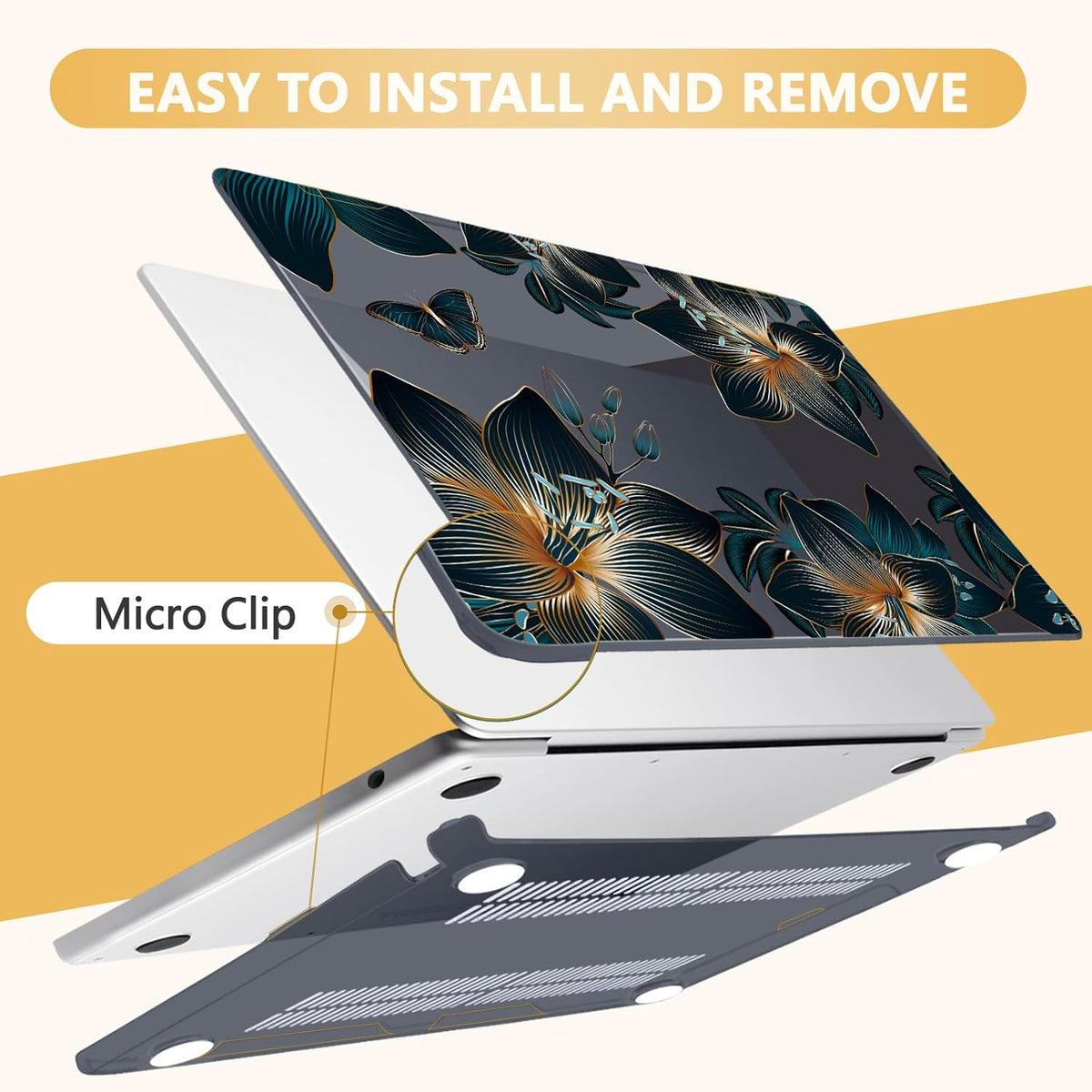 Compatible with MacBook Air 13.6 inch Case, M4 A3240/M3 A3113/M2 A2681 (Released 2025 to 2022), Hard Shell, Keyboard Cover, Screen Protector, Webcam Cover & Type-C Adapter, Golden Lilies