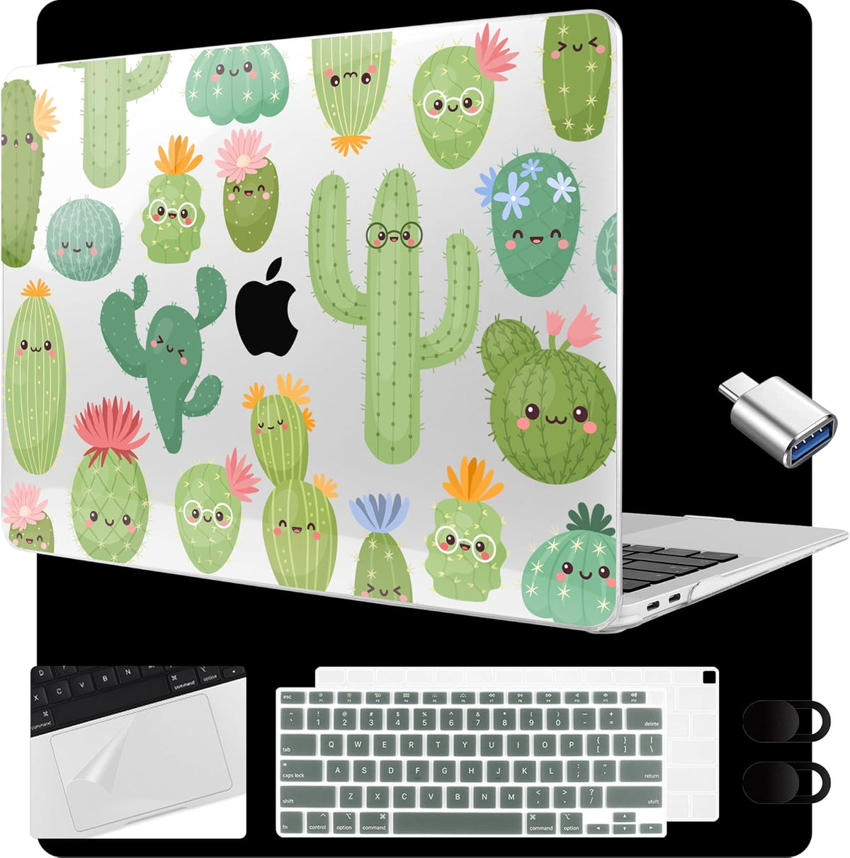 MEEgoodo for MacBook Air 13.3 inch Case 2021 2020 2019 2018 A2337 M1 A2179 A1932, Laptop Shell for MacBook Air M1 with Keyboard Webcam Cover & Trackpad Film & Type C Adapter,Smiley Cactus