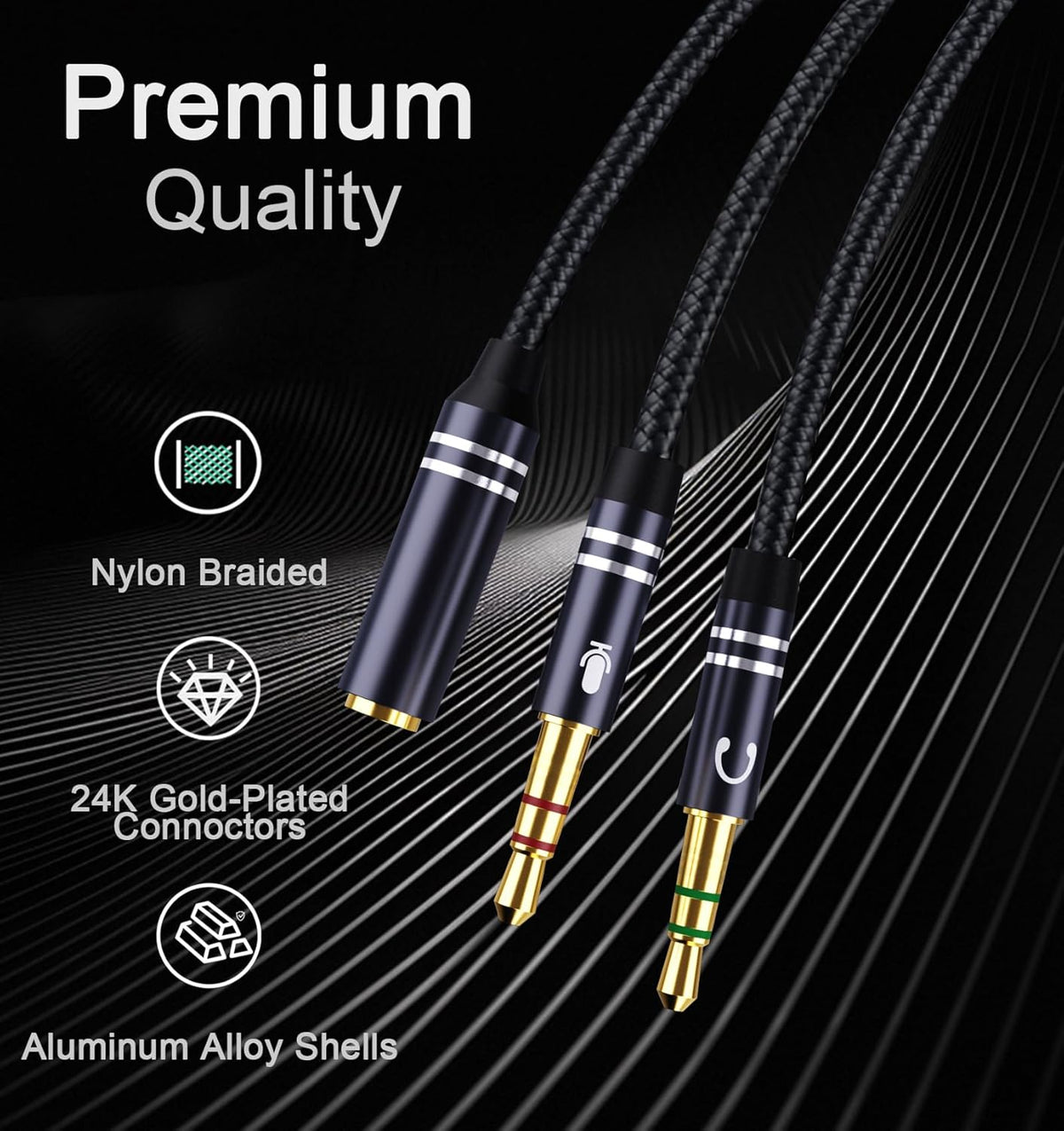 Braided Headphone Splitter for Computer, 3.5mm Female to 2 Dual 3.5mm Male Earphones Port, Mic Y Audio Splitter Cable Compatible with Headset Microphone Gaming Computer Speaker Laptop(35cm / 14in)