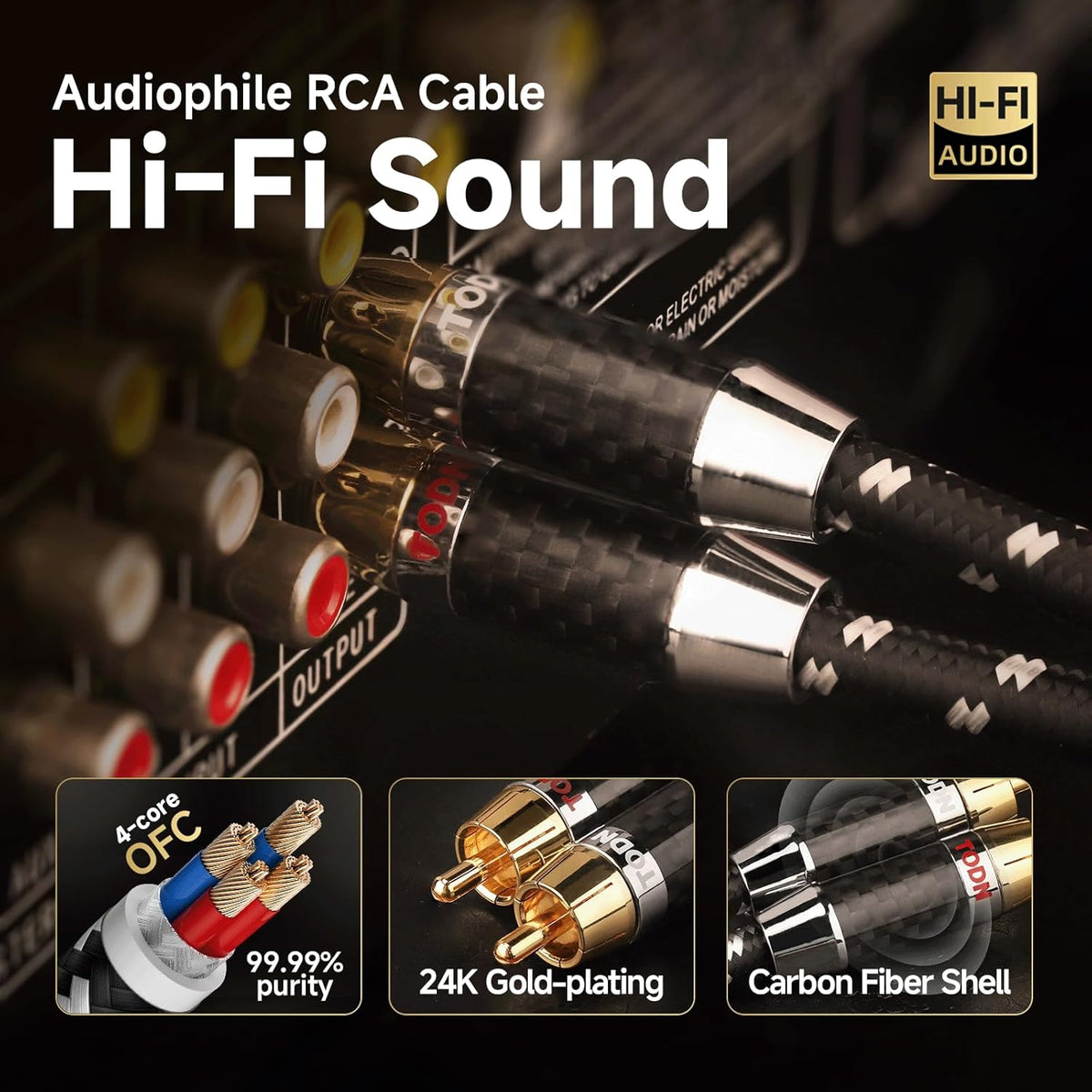 TODN RCA Cables Audiophile Male to Male Stereo Shielded HiFi OFC Car Audio RCA Cable for Sub, Amp, Phono (3ft/1m, 1 Pair)