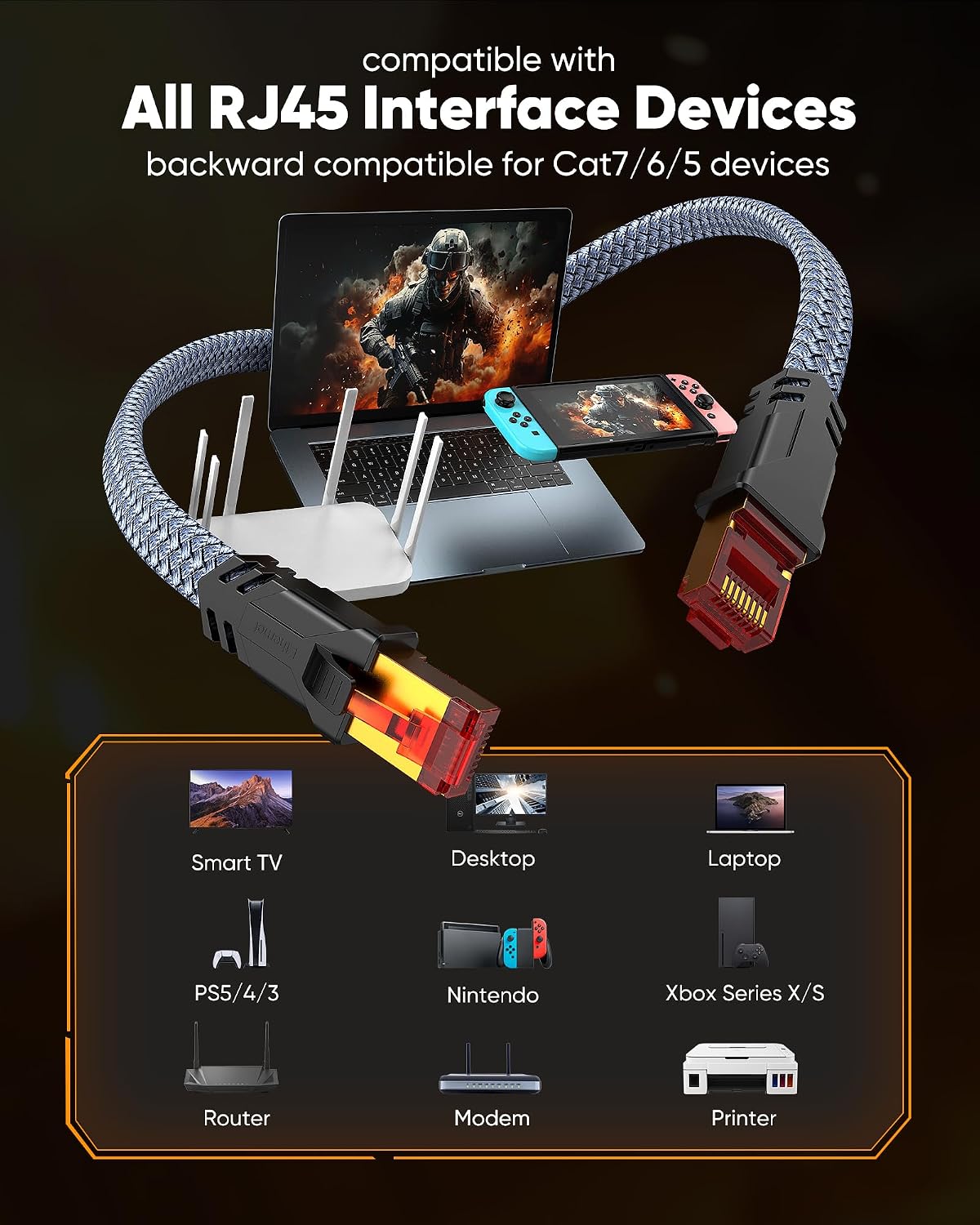 8 30 40Gbps 2000Mhz, RJ45 Snowkids Cat Ethernet Cable FT, Braided Heavy Duty High Speed Internet/LAN/Network Cable