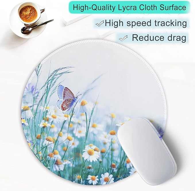 ITNRSIIET Round Mouse Pad with Stitched Edge Premium-Textured Waterproof Non-Slip Rubber Base Desktop Protection Mat Diameter 8.7 inches, Butterfly Chrysanthemum