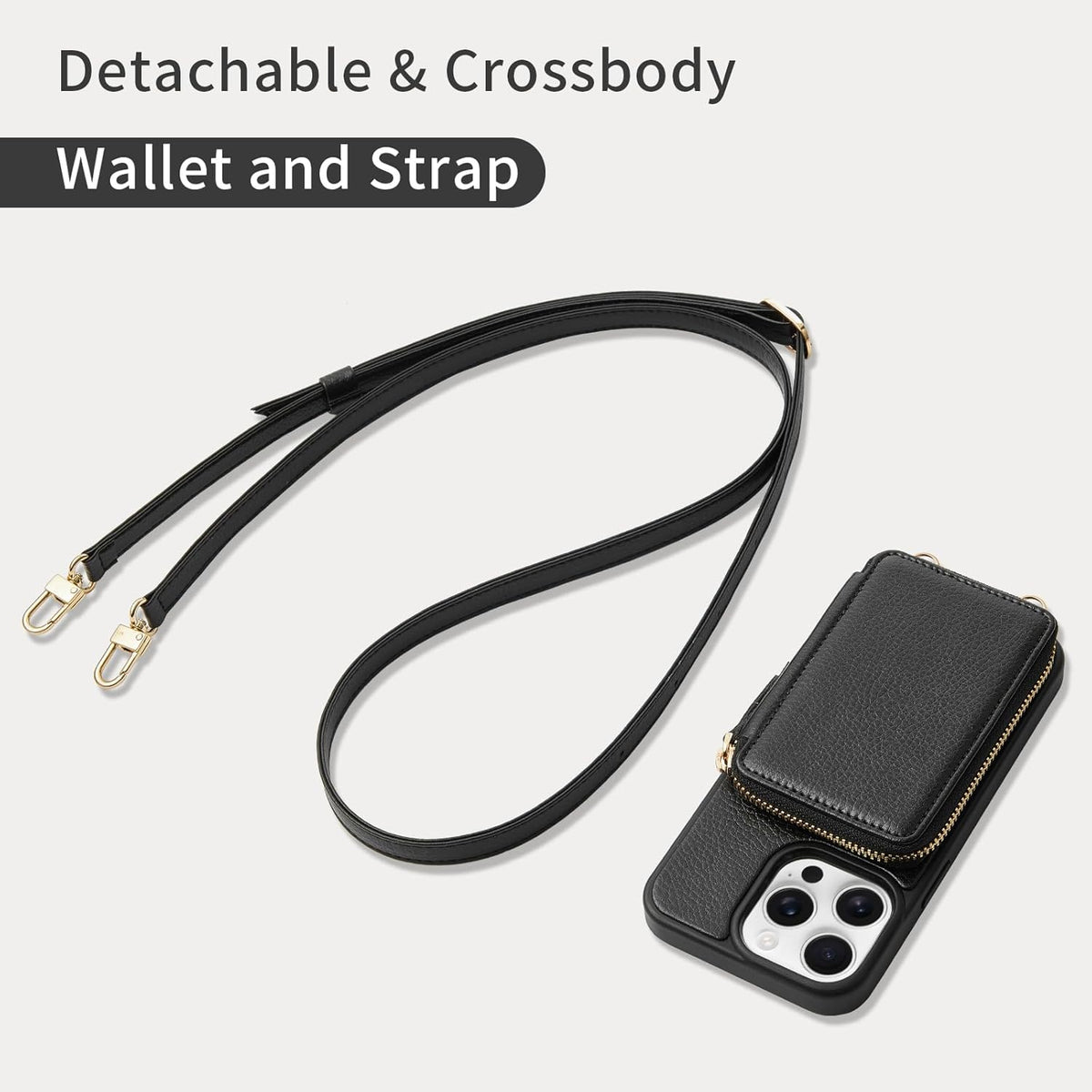 ZVE for iPhone 15 Pro Wallet Case, Crossbody Phone Purse with Card Holder for Women, Zipper Leather RFID Blocking Carrying Cover with Wrist Strap for iPhone 15 Pro 6.1 inch- Black