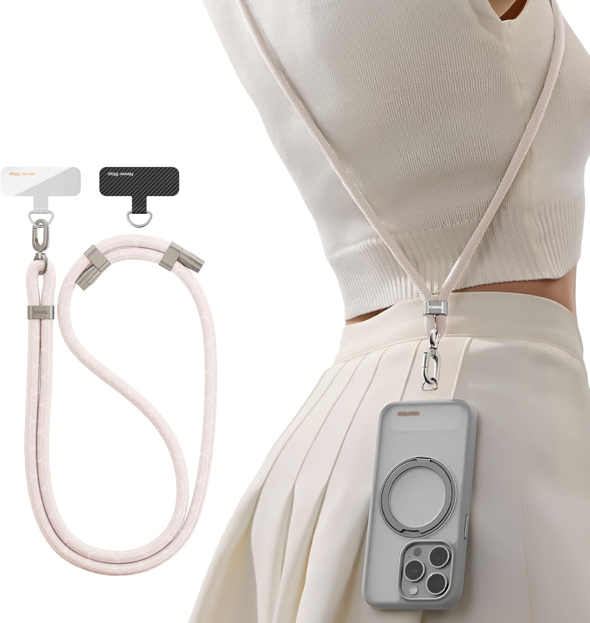 TORRAS Phone Lanyard Crossbody with 2 Phone Tabs, Adjustable Anti Theft Strap for All Cellphone, Premium Metal Buckles, Skin-Friendly, Universal Cellphone Neck lanyard for Travel Essentials, Beige