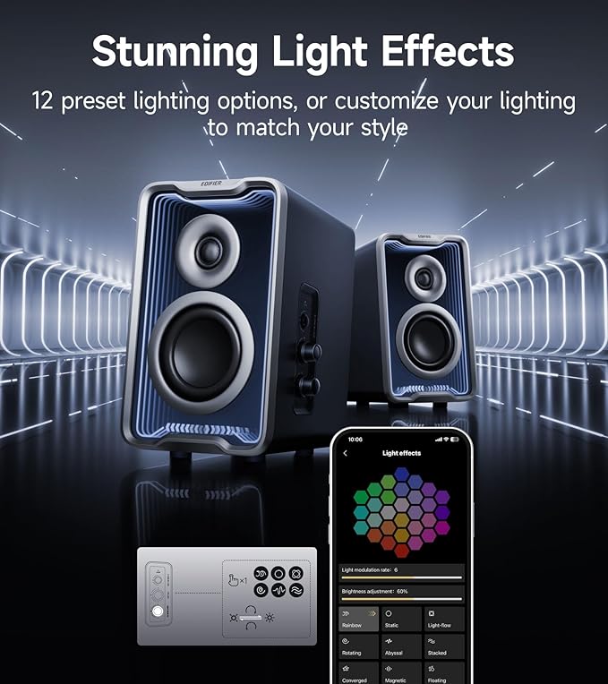 Edifier QR30 2.0 Desktop Active Speaker Compact Bluetooth V5.4 Computer Speakers Wireless Bookshelf Speaker 30W (RMS) 3.5mm AUX &amp USB-A Wired Input Dynamic Light Effects App Control Black
