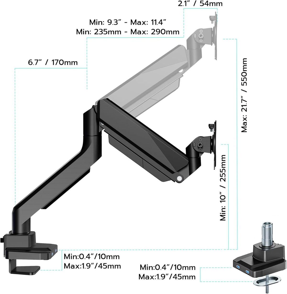 ARES WING Single Monitor Arm, Heavy Duty Adjustable Monitor Arm for 13"-45" Screens with USB, Gas Spring Desk Mount Stand with C Clamp/Grommet Mounting Base up to 40lbs Computer, Black