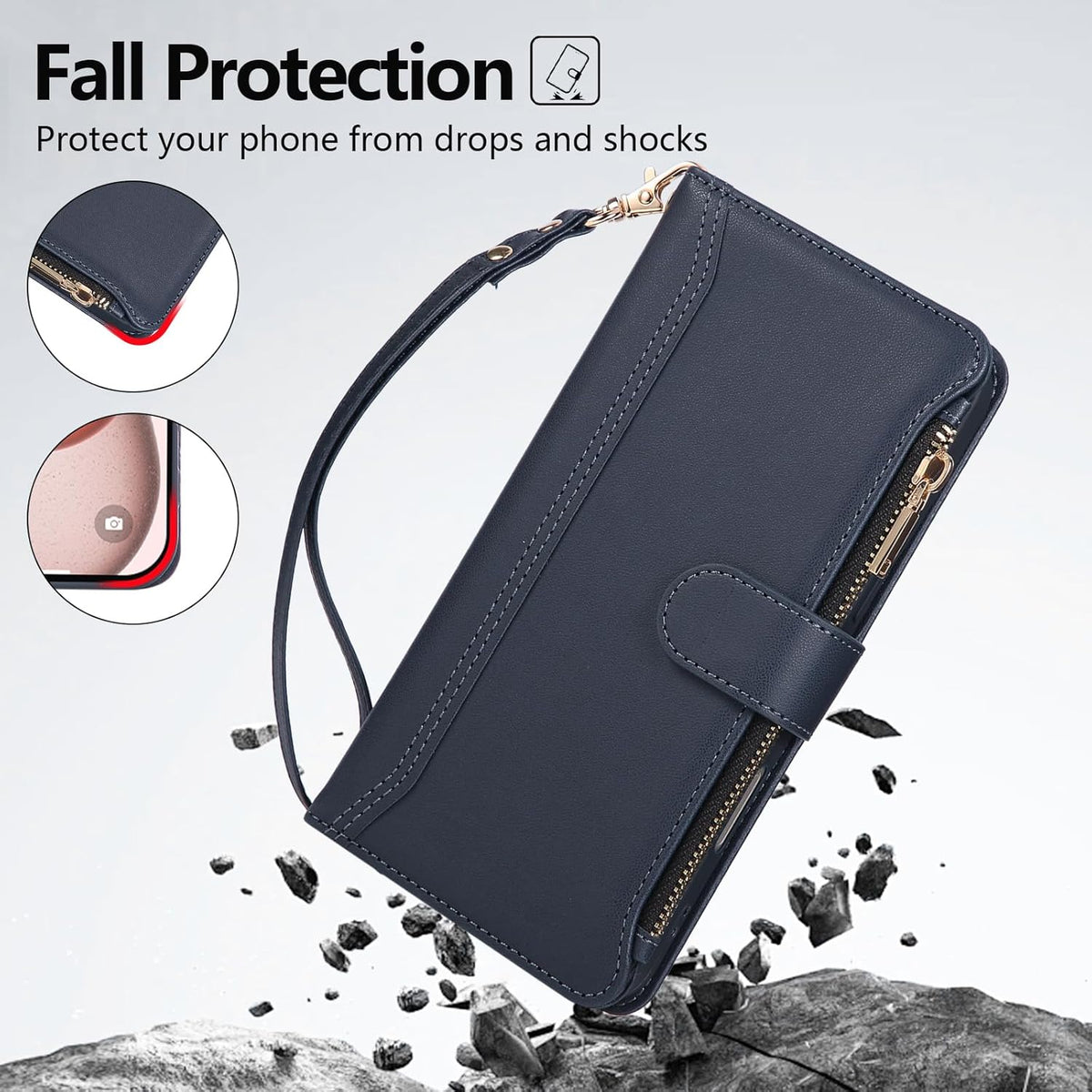 Compatible with iPhone 14 Pro Max Wallet Phone Case-PU Leather Magnetic Flip Cover with Credit Card Slots,Zipper Pocket & Detachable Wrist Strap,Shockproof Design,for Women and Men-Navy Blue