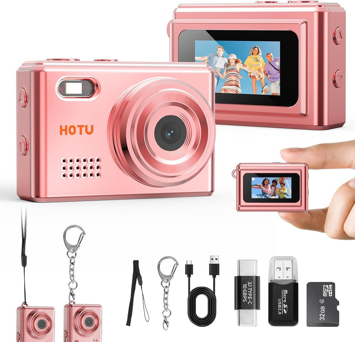 HOTU Y2K 2MP 1080P 32GB Mini Keychain Digital Camera, Pocket-Size Mini Camera, Small Camera with Card, Video Recorder
