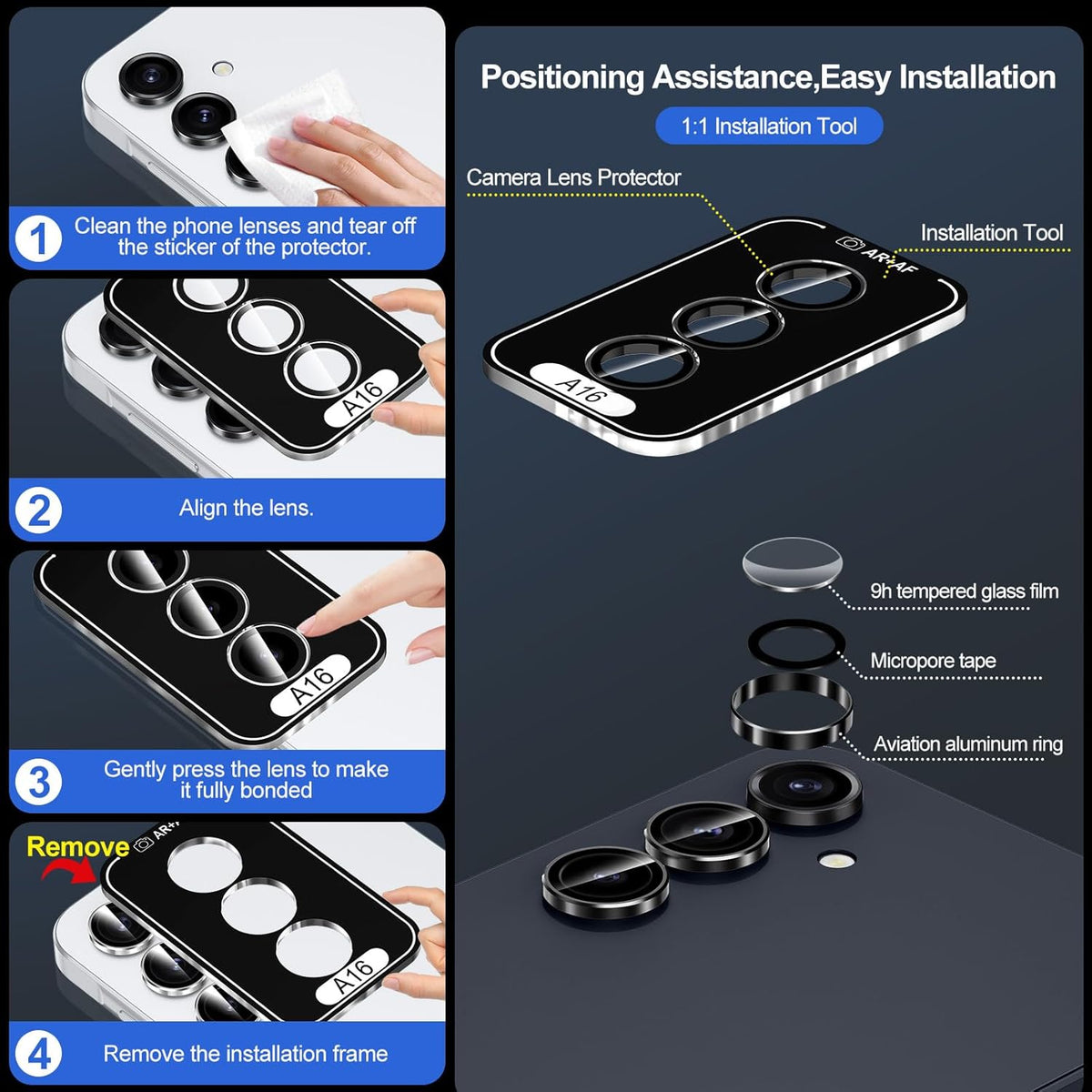for Samsung Galaxy A16 Camera Lens Protector, Individual Metal Ring Tempered Glass Lens Cover, [Strong Adsorption] Scratch Resistant Ultra-Thin HD Clear Lens Cover, 1 Set-Black Ring